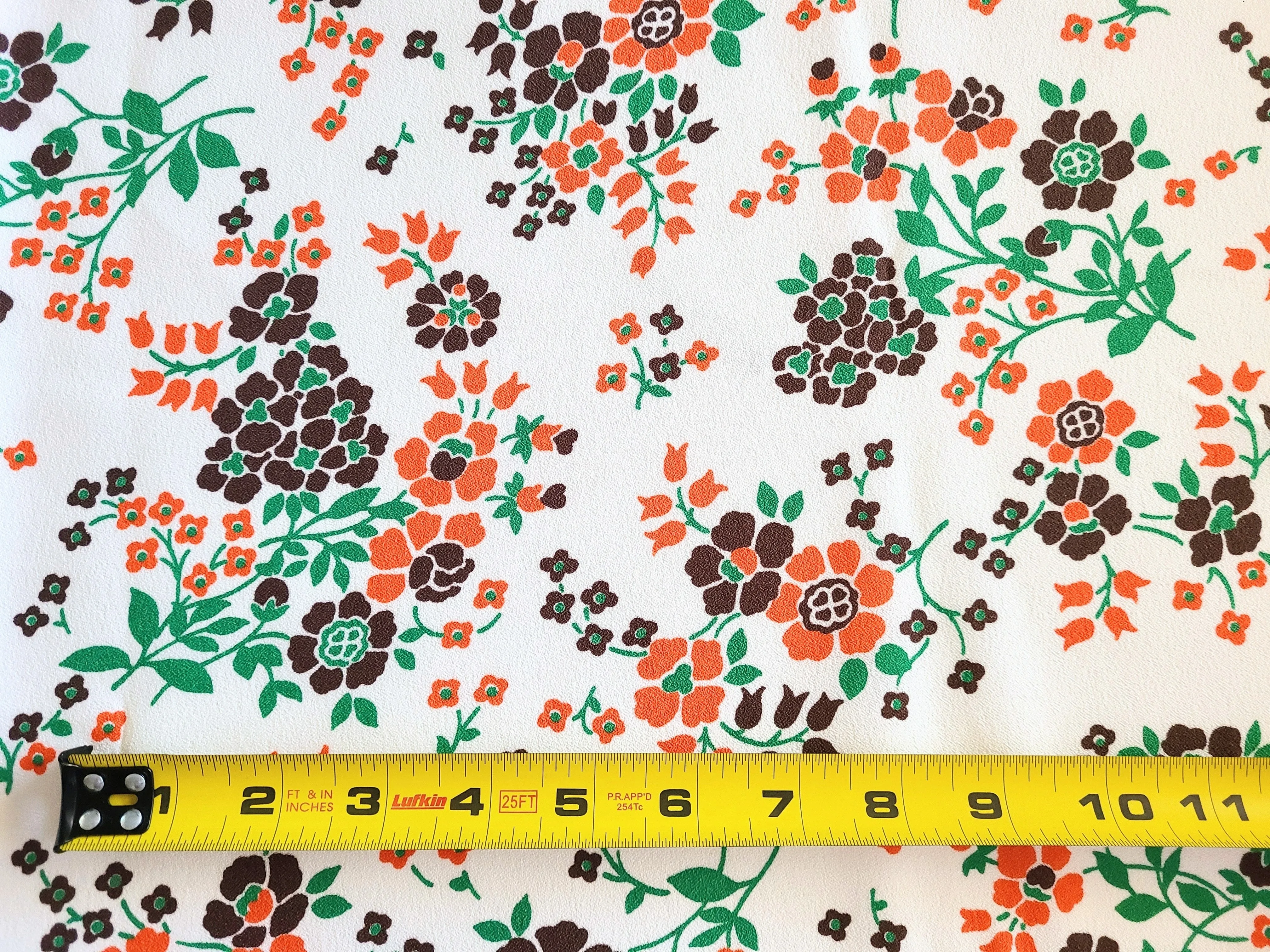 1960s 1970s Retro Fabric - Polyester Crepe - Floral - Orange, Brown - Fabric Remnant - 6PC39