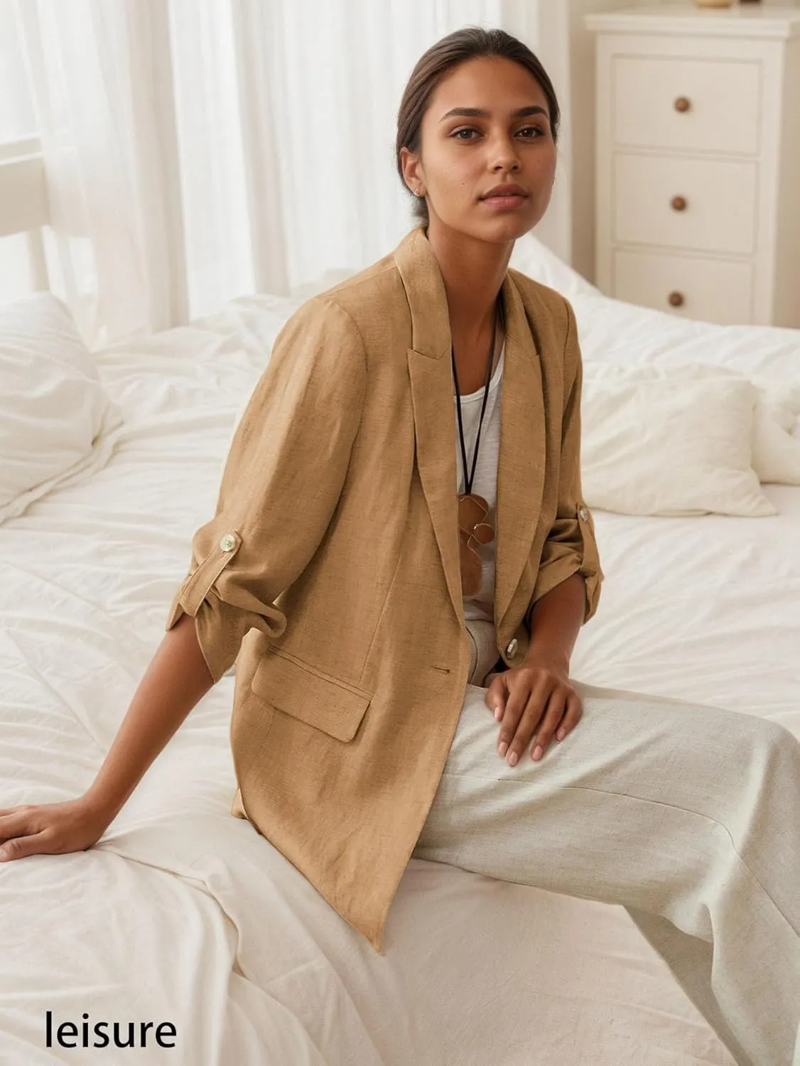 2025 Women's Summer Linen Blazer 3/4 Sleeve Long Lightweight Fully-Lined Trendy Casual Work Office Suit Jackets