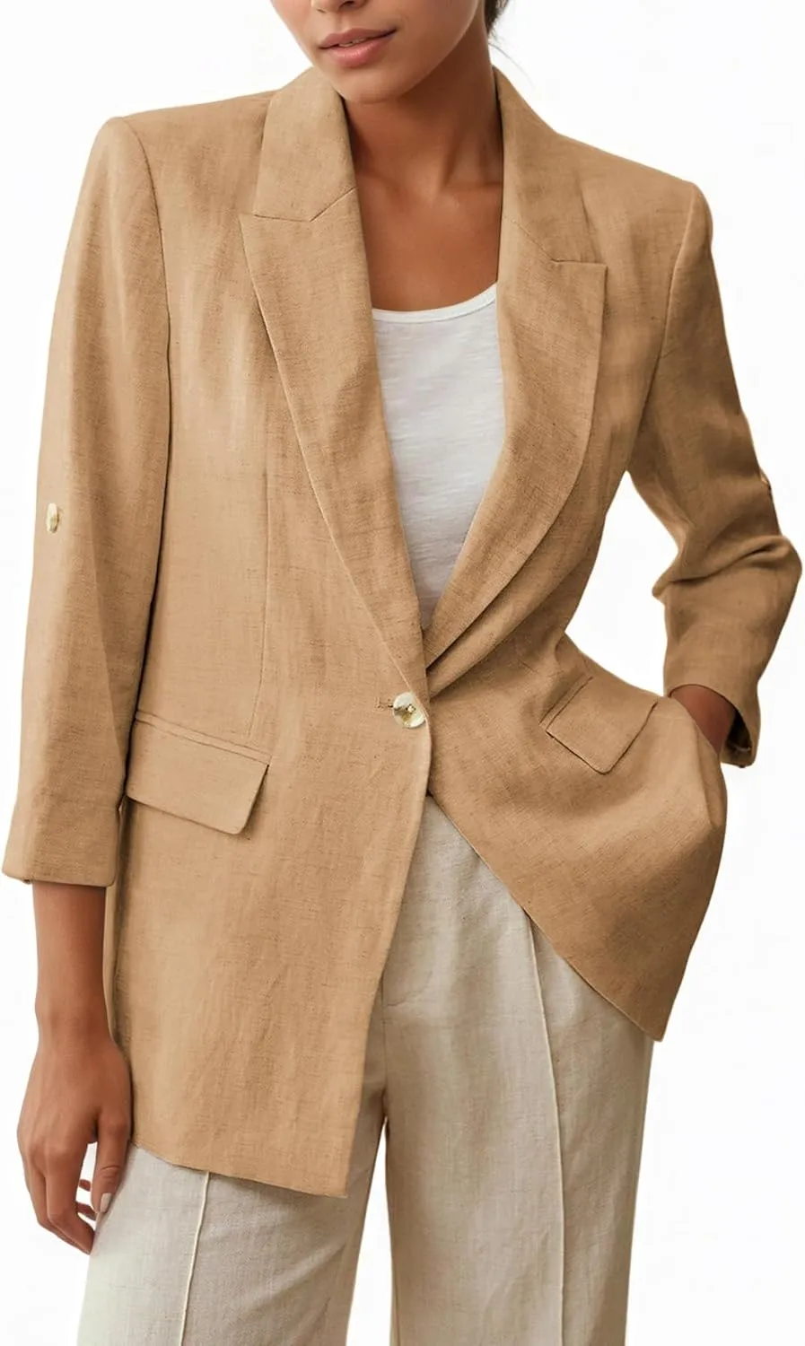 2025 Women's Summer Linen Blazer 3/4 Sleeve Long Lightweight Fully-Lined Trendy Casual Work Office Suit Jackets
