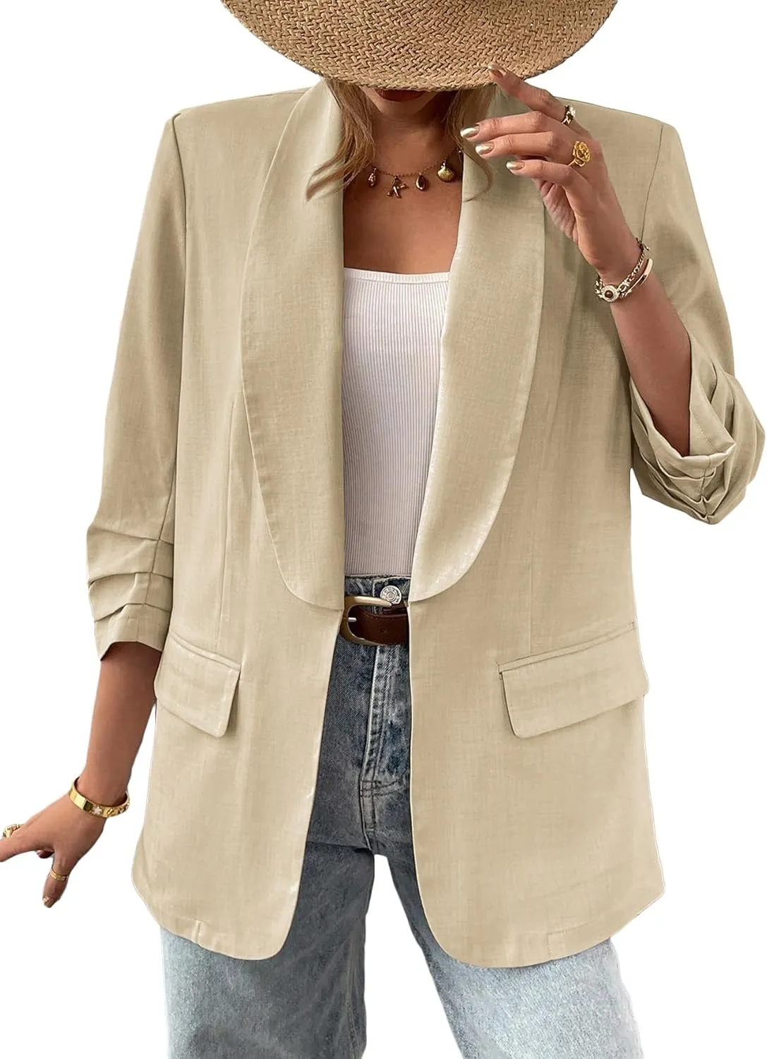 2025 Women's Summer Linen Blazer 3/4 Sleeve Long Lightweight Fully-Lined Trendy Casual Work Suit Jackets Pockets