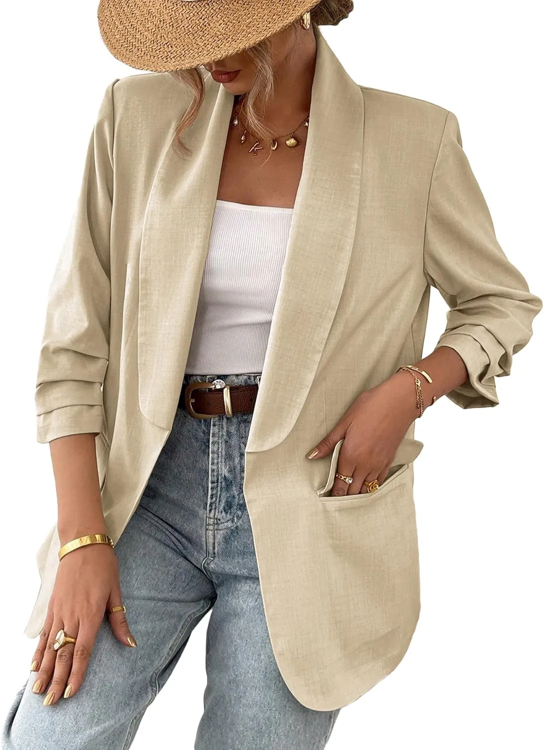 2025 Women's Summer Linen Blazer 3/4 Sleeve Long Lightweight Fully-Lined Trendy Casual Work Suit Jackets Pockets