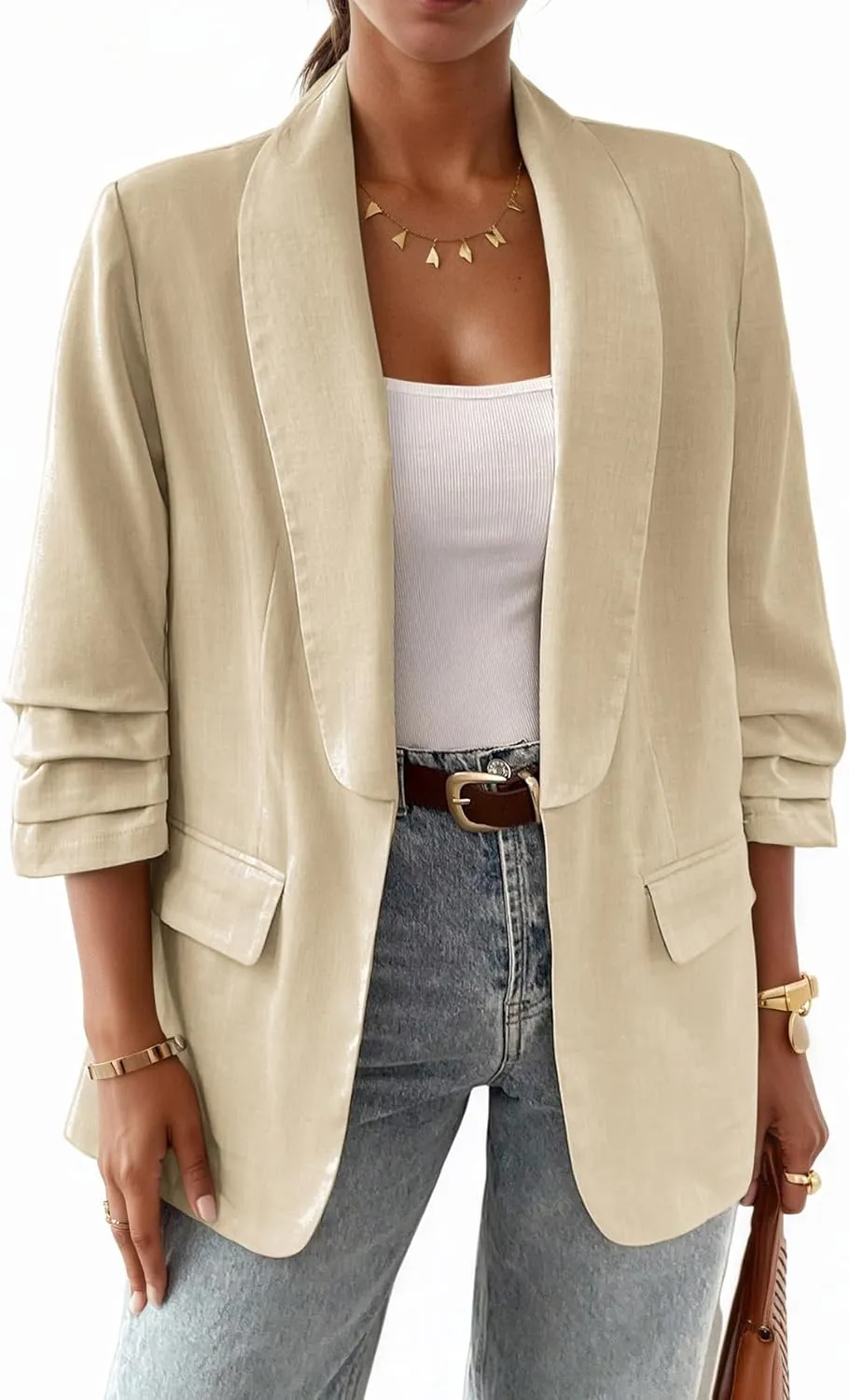 2025 Women's Summer Linen Blazer 3/4 Sleeve Long Lightweight Fully-Lined Trendy Casual Work Suit Jackets Pockets