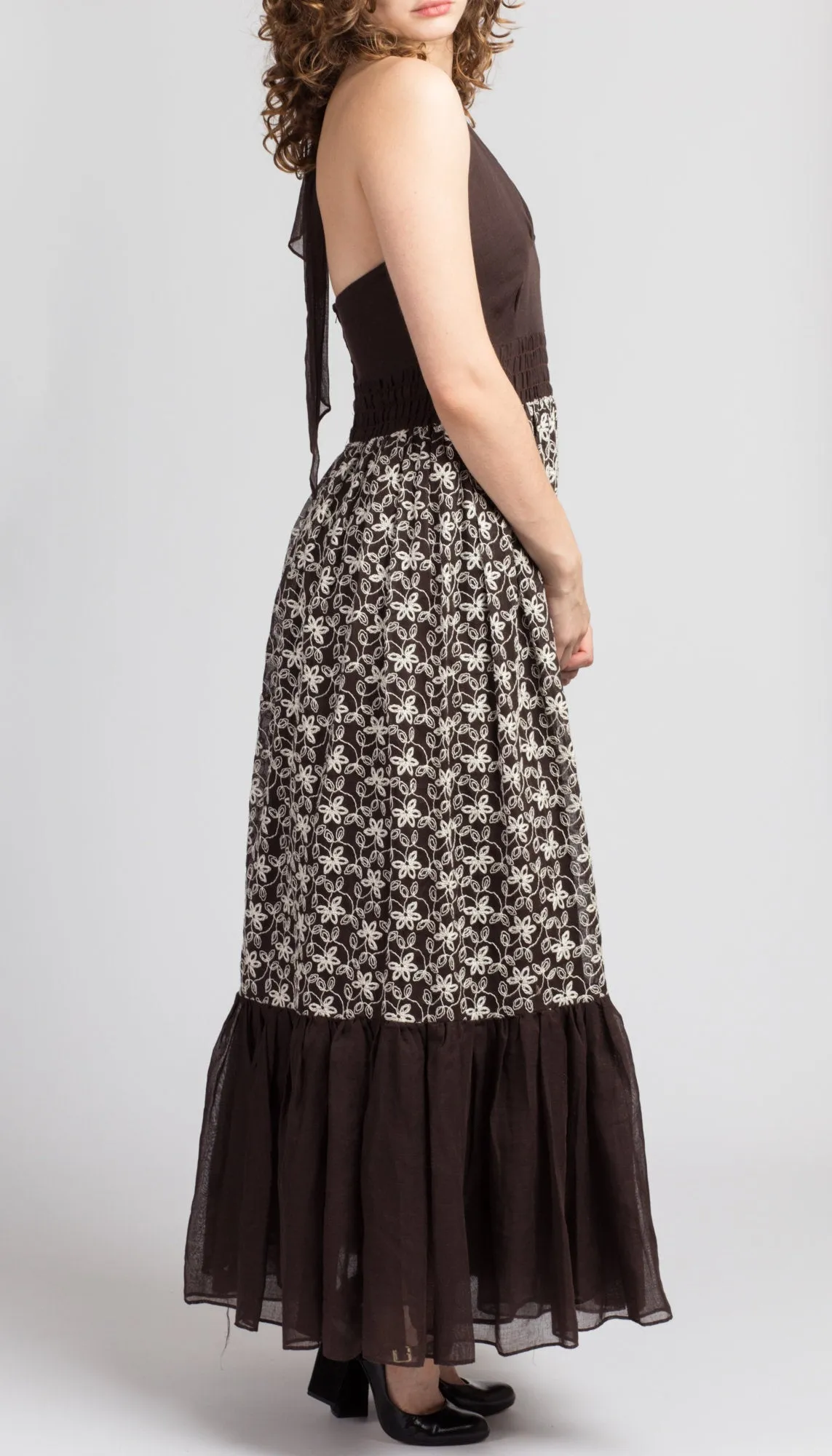 60s 70s Chocolate Brown Floral Halter Dress - Extra Small