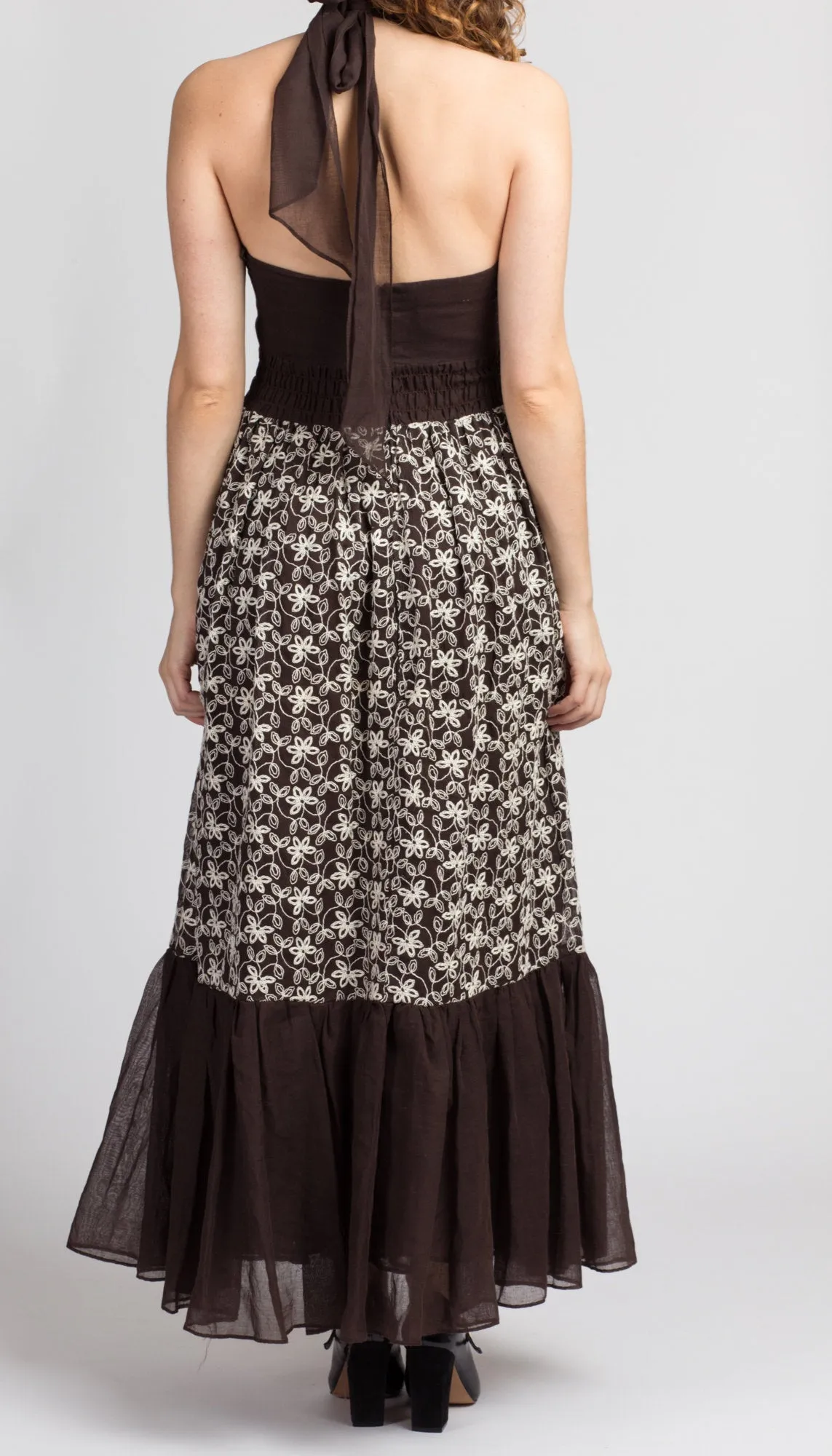 60s 70s Chocolate Brown Floral Halter Dress - Extra Small