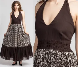 60s 70s Chocolate Brown Floral Halter Dress - Extra Small
