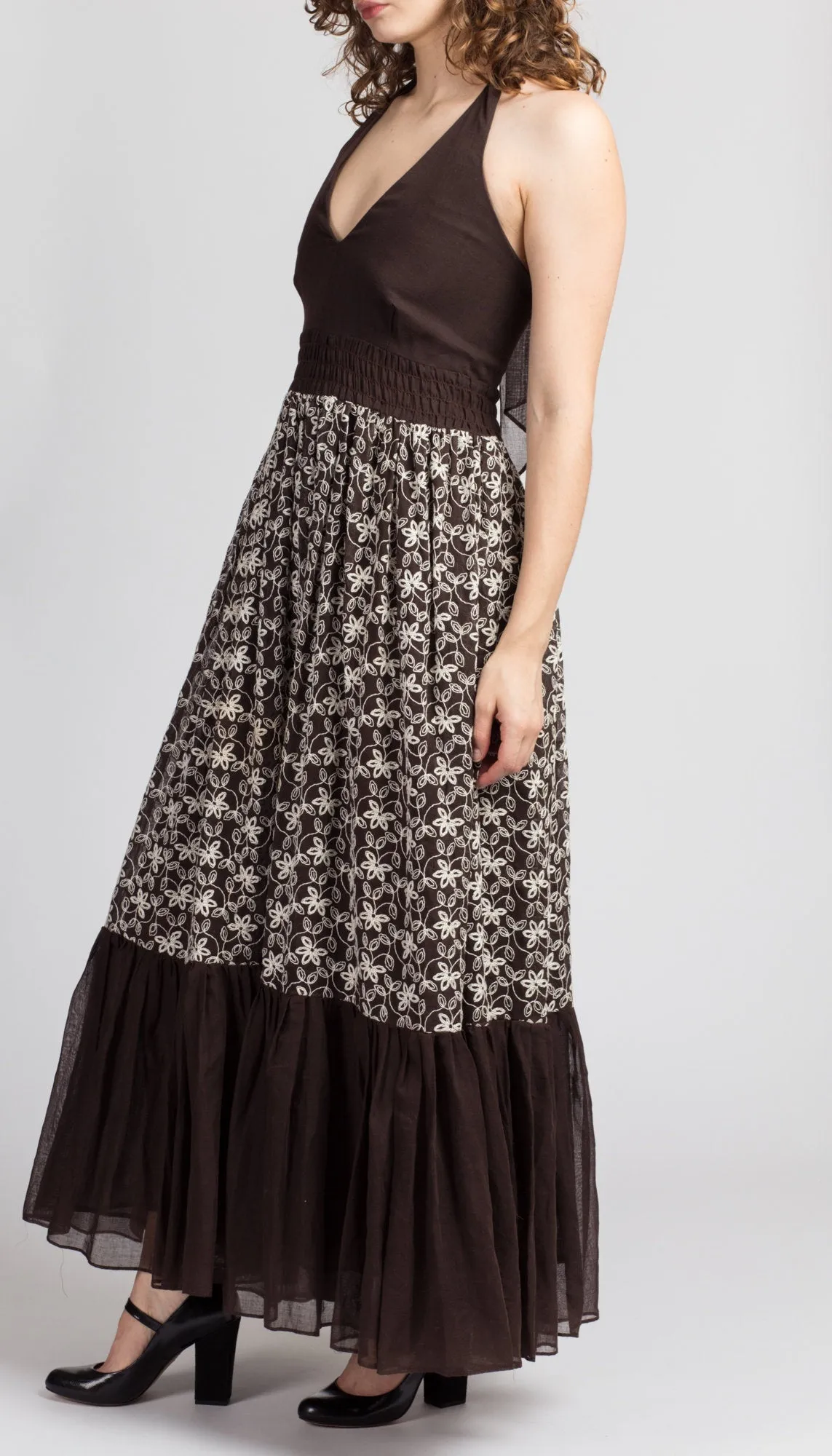 60s 70s Chocolate Brown Floral Halter Dress - Extra Small