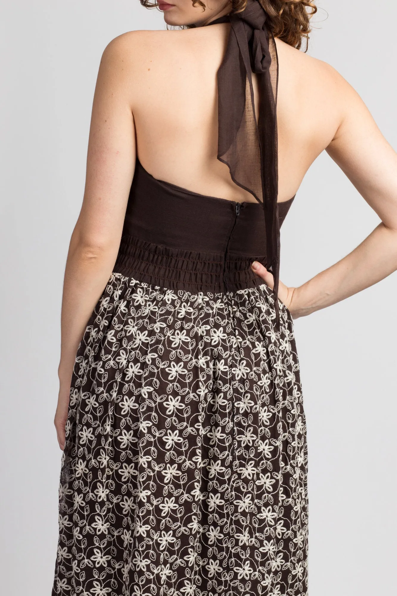 60s 70s Chocolate Brown Floral Halter Dress - Extra Small