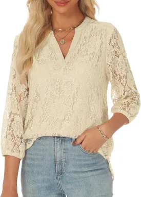 AIMCOO Womens Lace Tops 3/4 Sleeve Dressy Casual Blouses 2025 Summer Sexy Floral Top Sheer Shirts