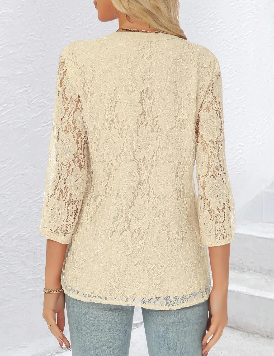 AIMCOO Womens Lace Tops 3/4 Sleeve Dressy Casual Blouses 2025 Summer Sexy Floral Top Sheer Shirts