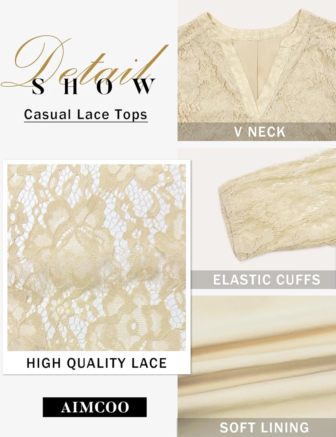 AIMCOO Womens Lace Tops 3/4 Sleeve Dressy Casual Blouses 2025 Summer Sexy Floral Top Sheer Shirts