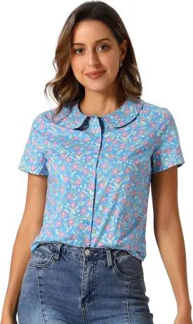 Allegra K Women's Peter Pan Collar Shirts Button Front Vintage Floral Blouse Top