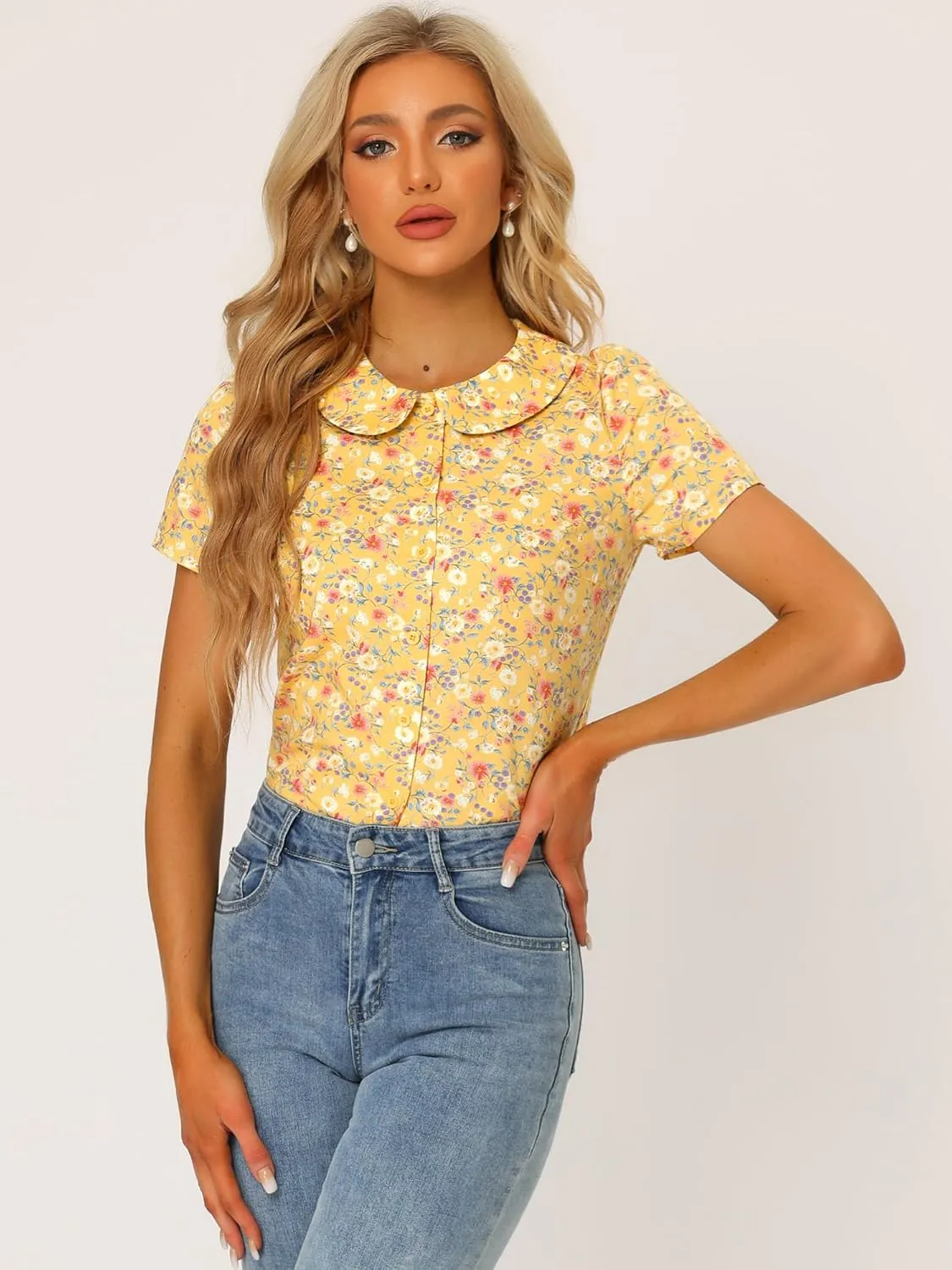 Allegra K Women's Peter Pan Collar Shirts Button Front Vintage Floral Blouse Top