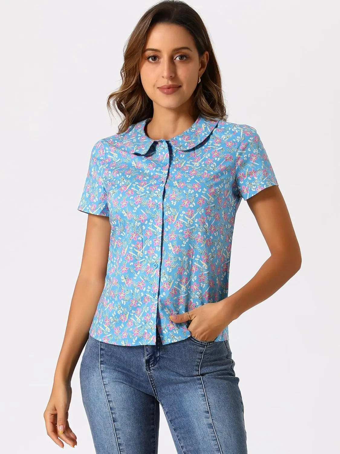 Allegra K Women's Peter Pan Collar Shirts Button Front Vintage Floral Blouse Top