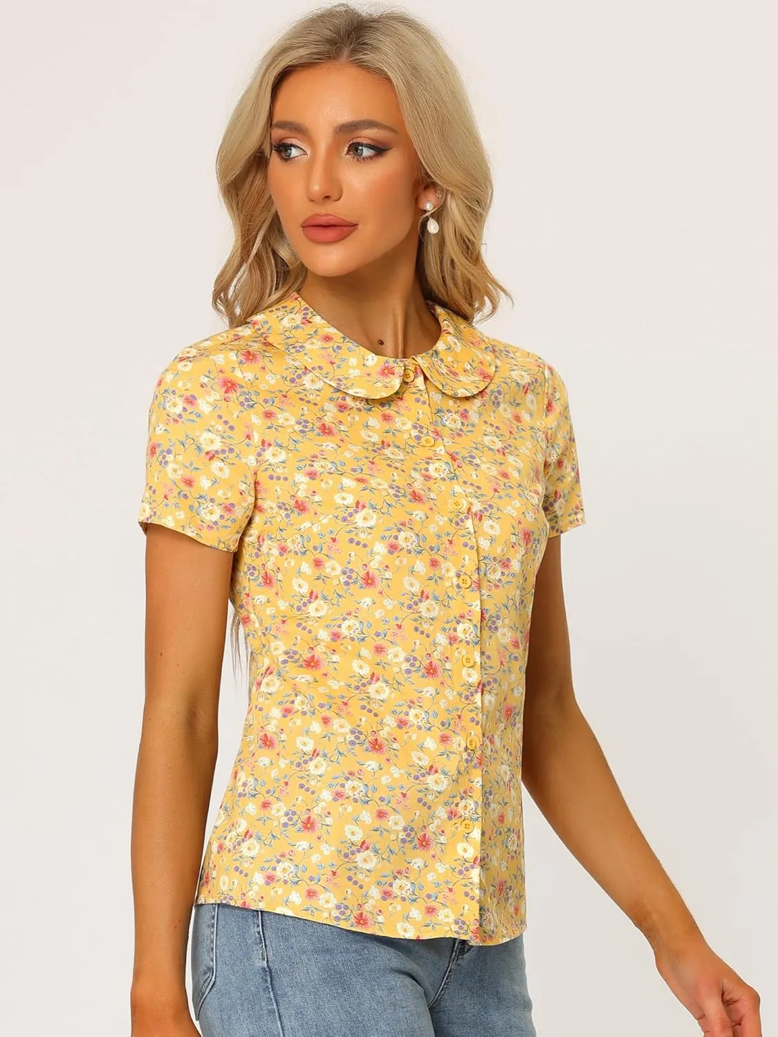 Allegra K Women's Peter Pan Collar Shirts Button Front Vintage Floral Blouse Top