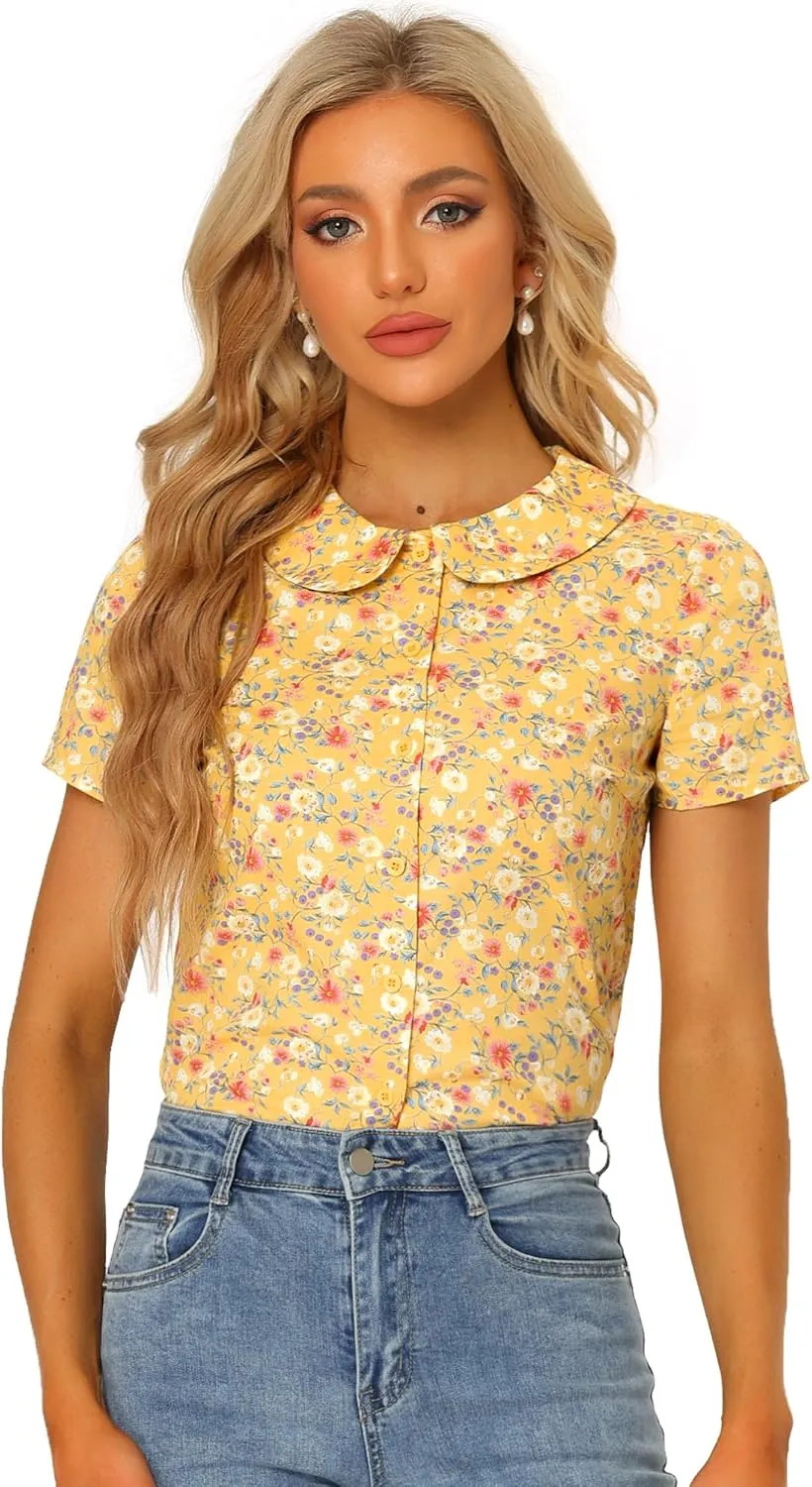 Allegra K Women's Peter Pan Collar Shirts Button Front Vintage Floral Blouse Top