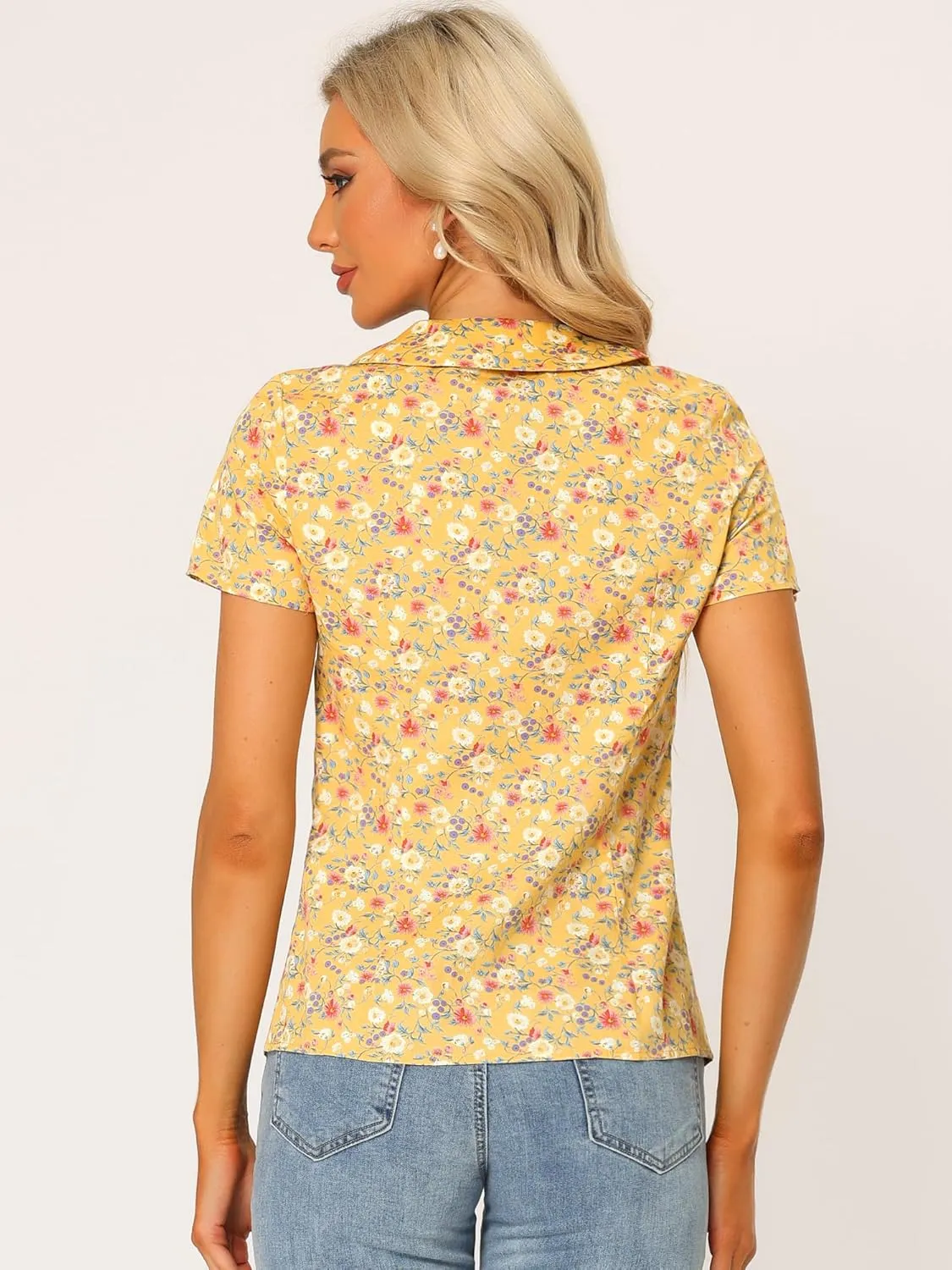 Allegra K Women's Peter Pan Collar Shirts Button Front Vintage Floral Blouse Top