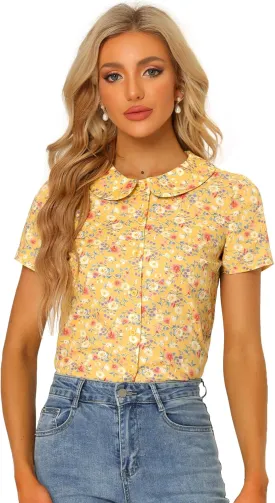 Allegra K Women's Peter Pan Collar Shirts Button Front Vintage Floral Blouse Top