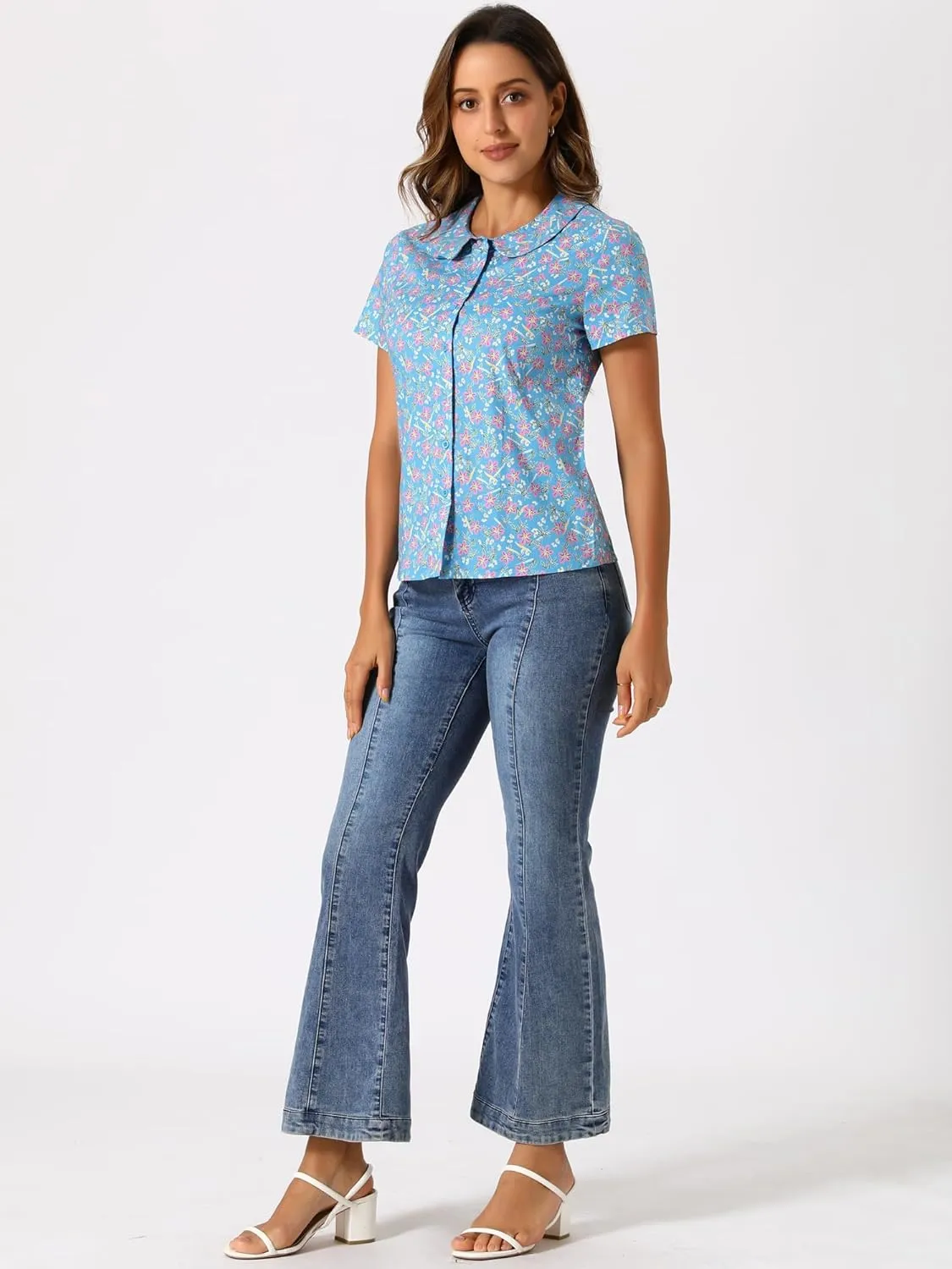 Allegra K Women's Peter Pan Collar Shirts Button Front Vintage Floral Blouse Top