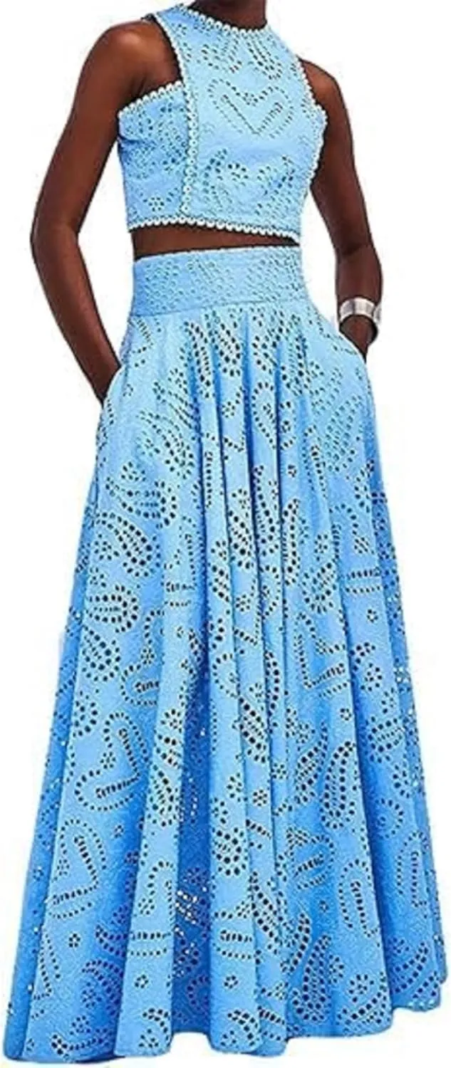 Aonoapll Women 2 Piece Eyelet Skirt Set Sleeveless Hollow Out Lace Tank Top Maxi Skirt Outfits Nightclub Party Dress