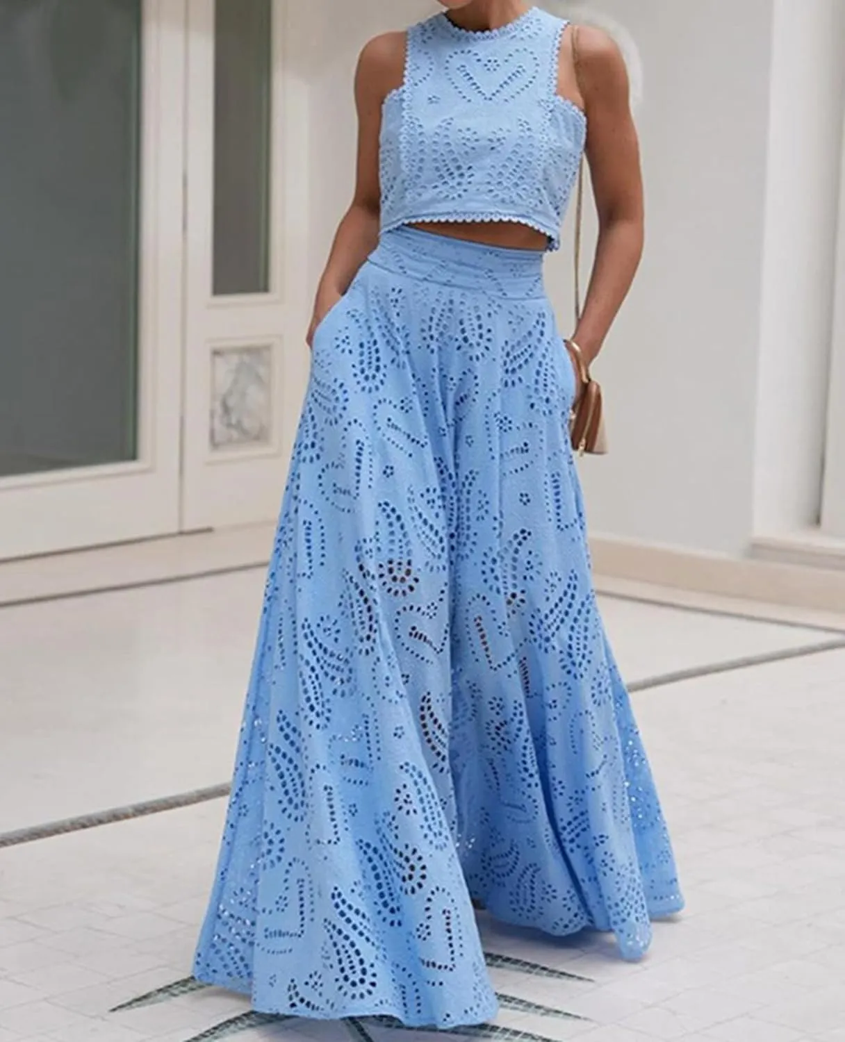Aonoapll Women 2 Piece Eyelet Skirt Set Sleeveless Hollow Out Lace Tank Top Maxi Skirt Outfits Nightclub Party Dress
