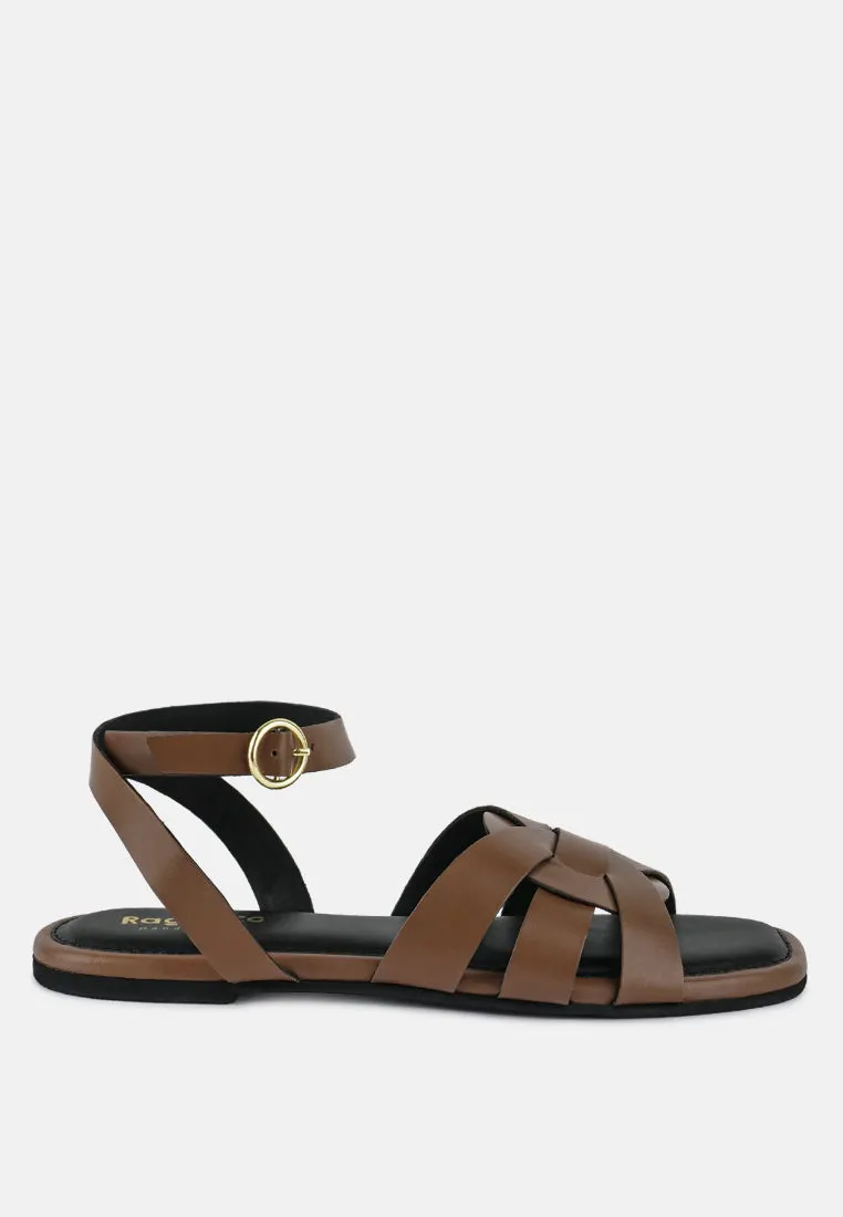 ASHTON Tan Flat Ankle Strap Sandals