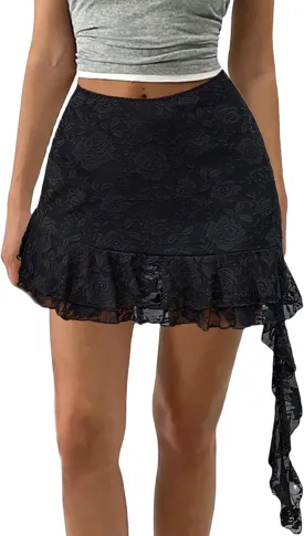 Avidlove Lace Skirts for Women Sexy Flowy Asymmetrical Low Rise Ruffle Mini Skirt