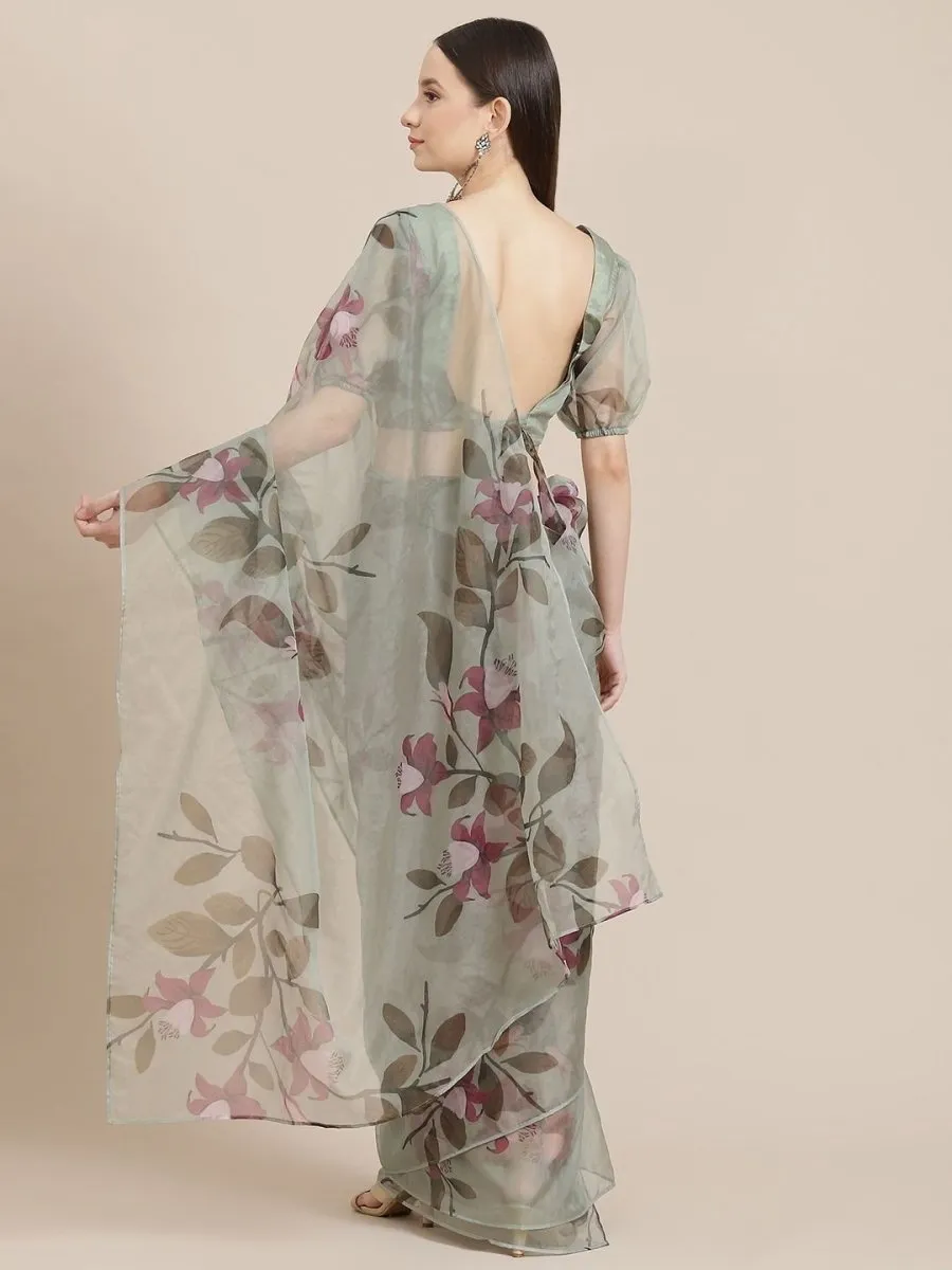 Beige and Green Floral Print Organza Saree