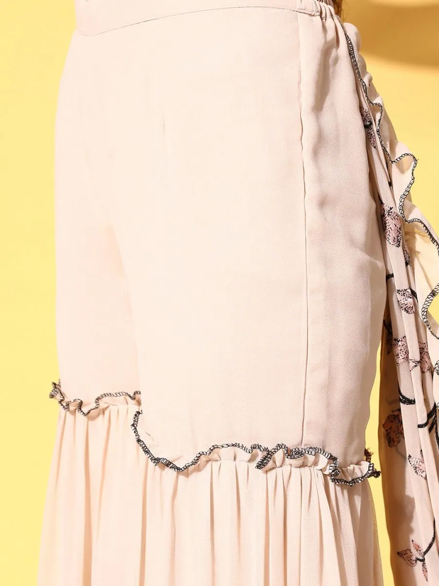 Beige Floral Embroidered Sharara Drape Ruffle Saree with Blouse