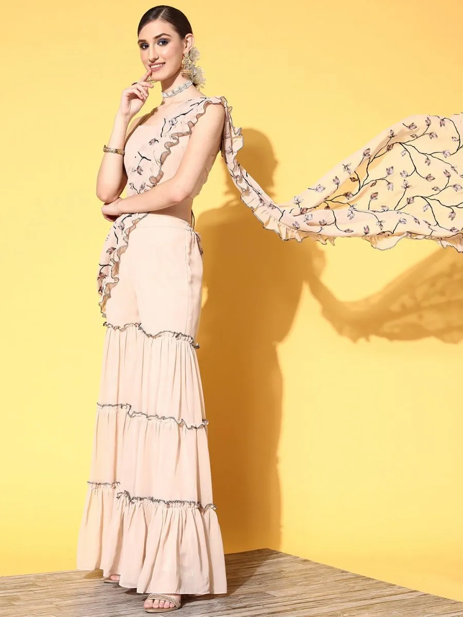 Beige Floral Embroidered Sharara Drape Ruffle Saree with Blouse