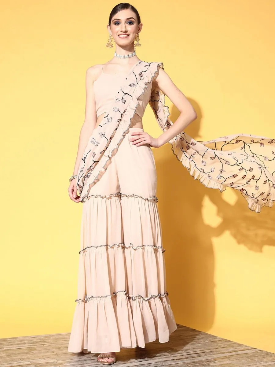 Beige Floral Embroidered Sharara Drape Ruffle Saree with Blouse
