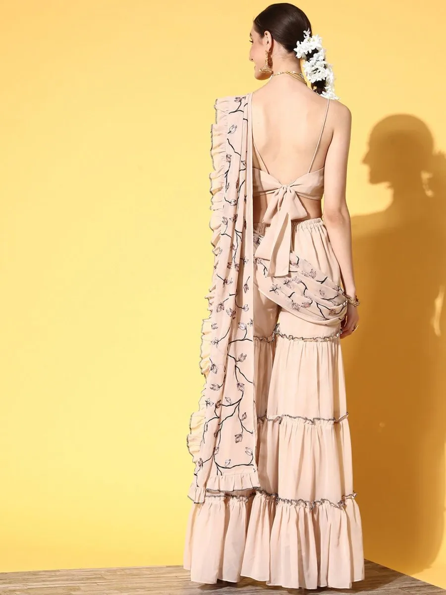 Beige Floral Embroidered Sharara Drape Ruffle Saree with Blouse