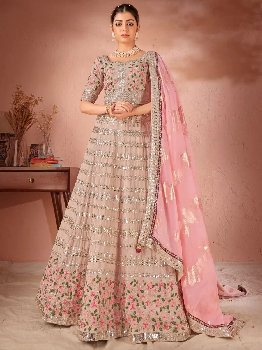 Beige Georgette Embroidered Lehenga Choli