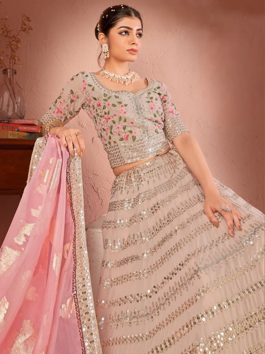 Beige Georgette Embroidered Lehenga Choli