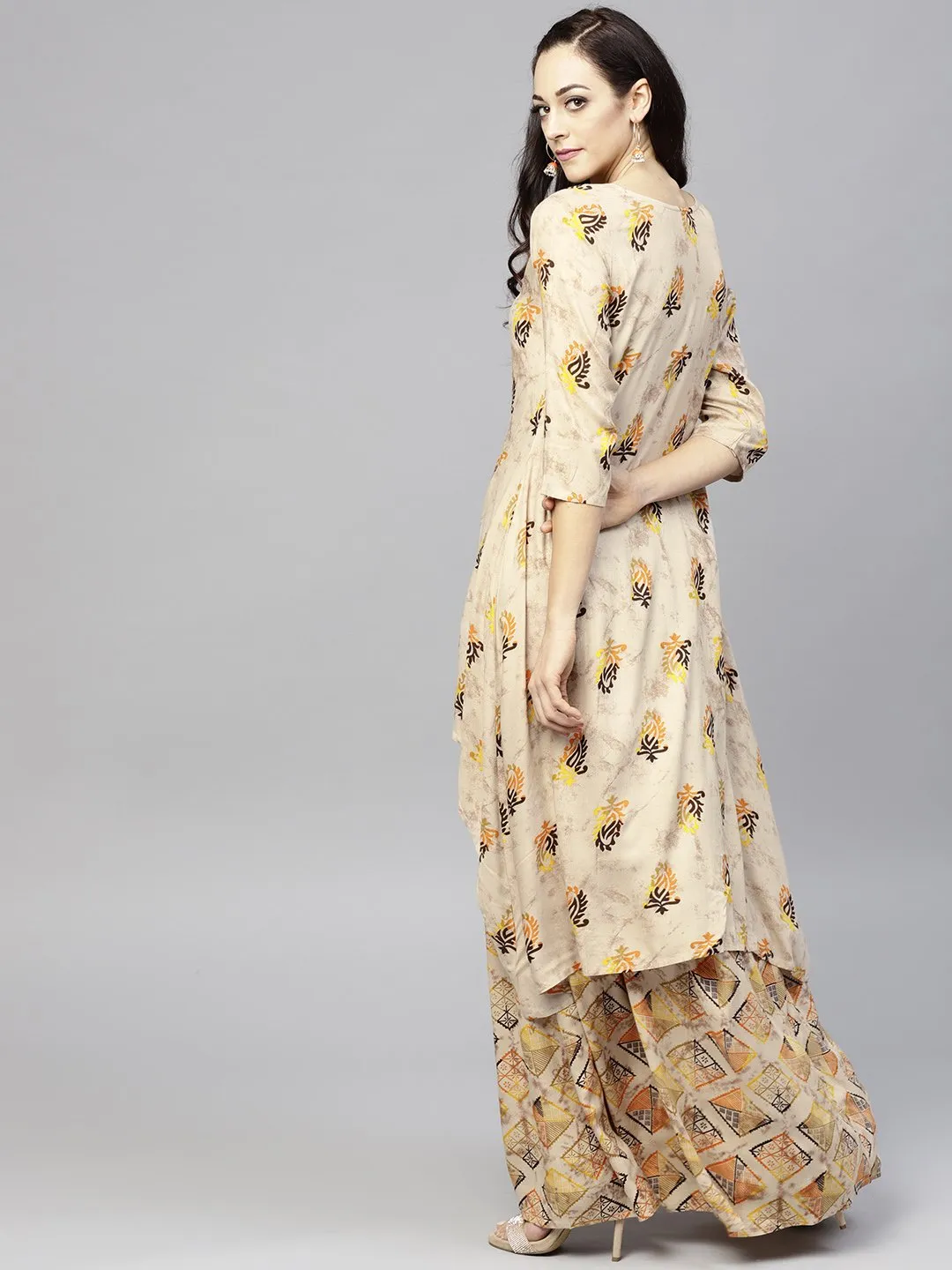 Beige Printed 3/4Th Sleeve Cotton High-Low Kurta With Ankle Length Skirt