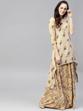 Beige Printed 3/4Th Sleeve Cotton High-Low Kurta With Ankle Length Skirt