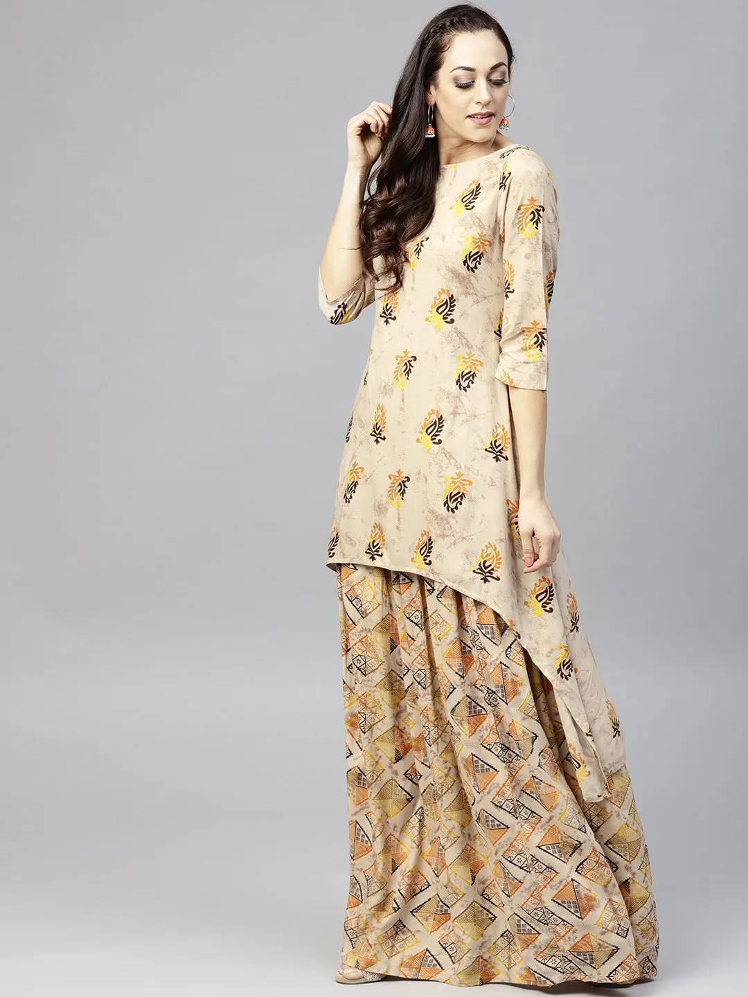 Beige Printed 3/4Th Sleeve Cotton High-Low Kurta With Ankle Length Skirt