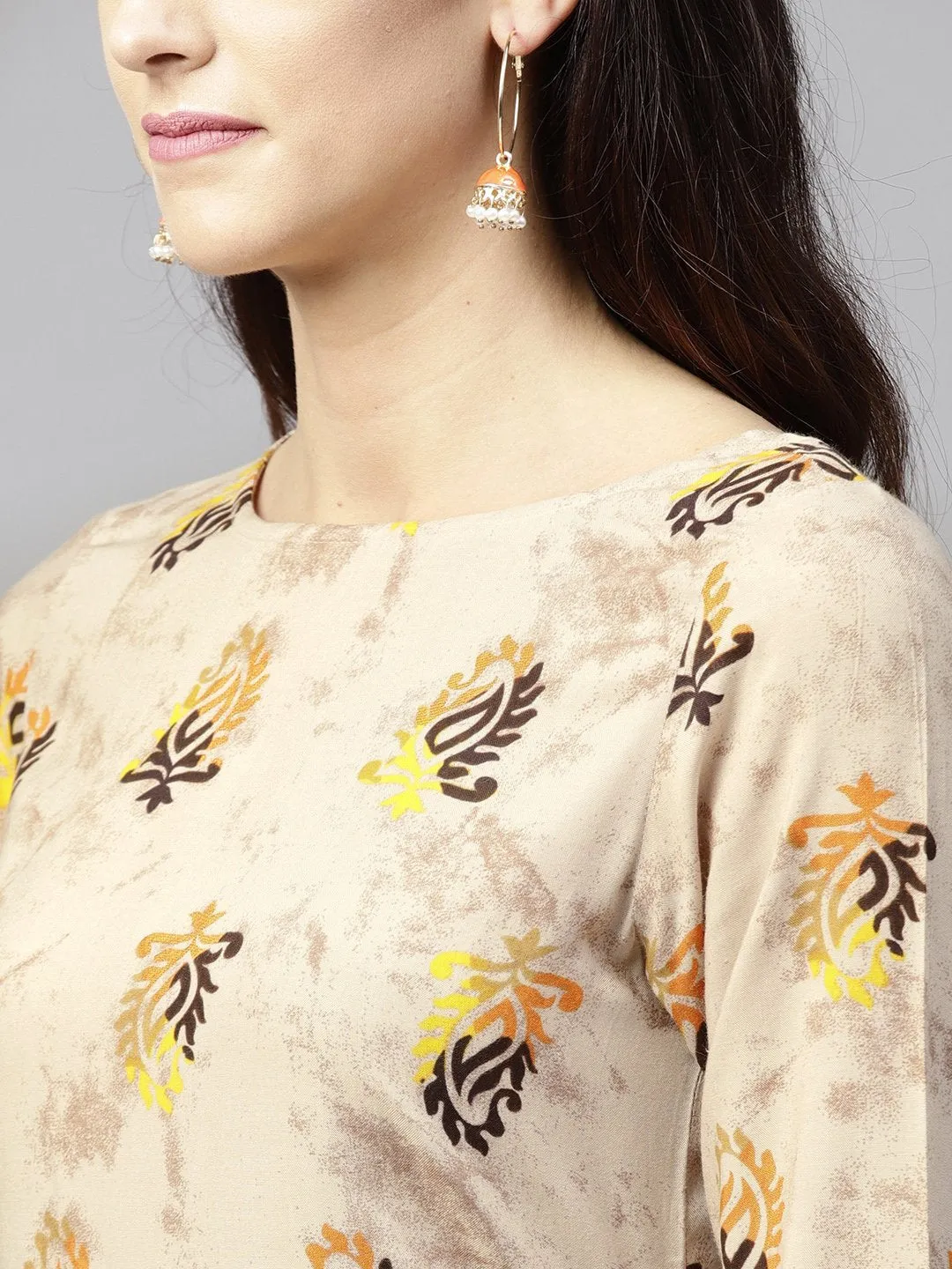 Beige Printed 3/4Th Sleeve Cotton High-Low Kurta With Ankle Length Skirt