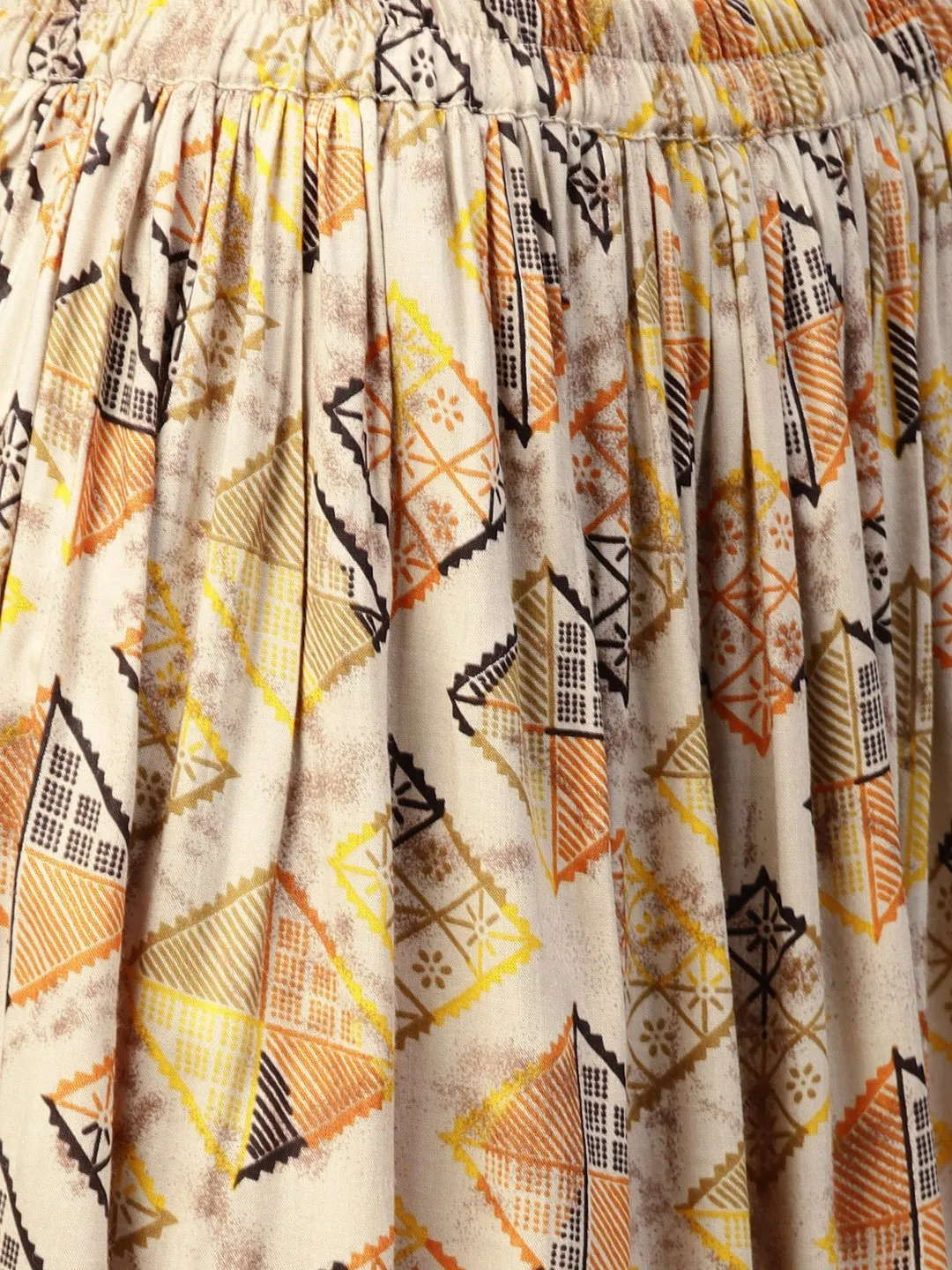 Beige Printed 3/4Th Sleeve Cotton High-Low Kurta With Ankle Length Skirt
