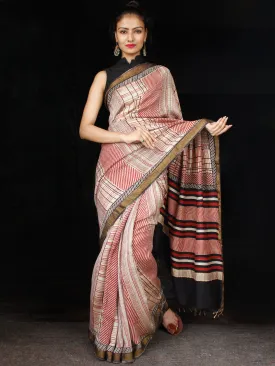 Beige Red Black Hand Block Printed Handwoven Linen Saree With Zari Border - S031703584