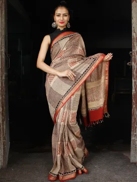 Beige Red Black Hand Block Printed Handwoven Linen Saree With Zari Border - S031703586