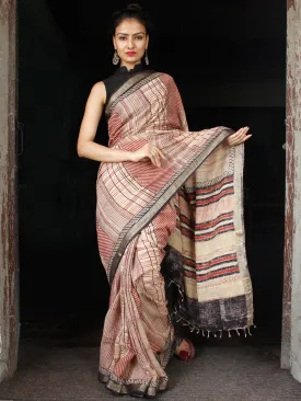 Beige Red Black Hand Block Printed Handwoven Linen Saree With Zari Border - S031703589