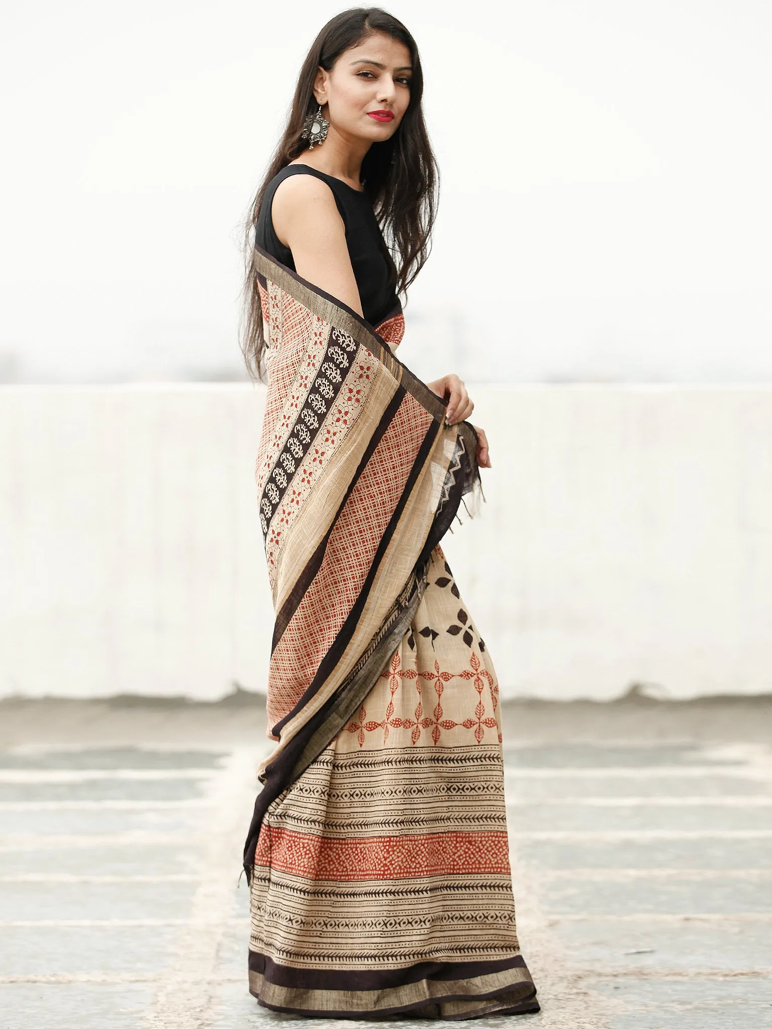 Beige Red Black Hand Block Printed Handwoven Linen Saree With Zari Border - S031704037