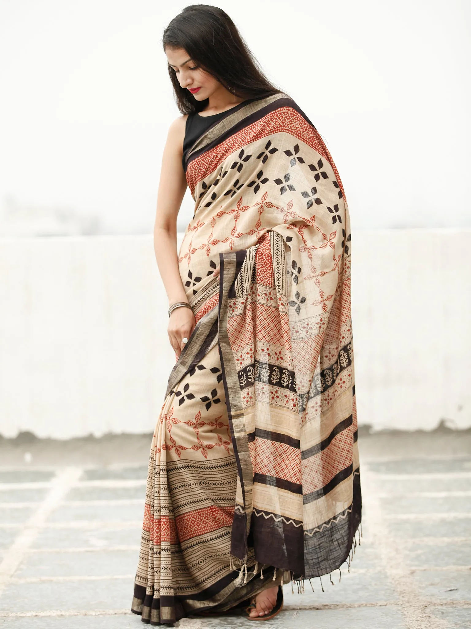 Beige Red Black Hand Block Printed Handwoven Linen Saree With Zari Border - S031704037