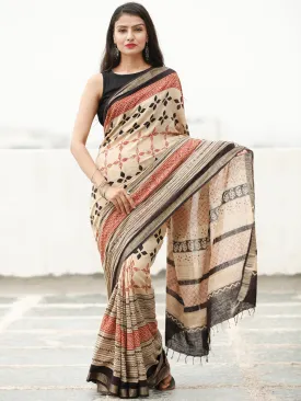 Beige Red Black Hand Block Printed Handwoven Linen Saree With Zari Border - S031704037