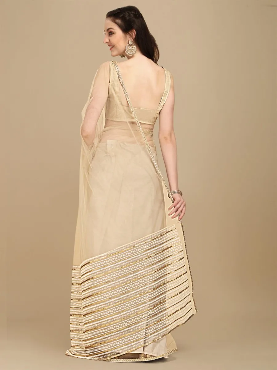 Beige Sequinned Net Saree