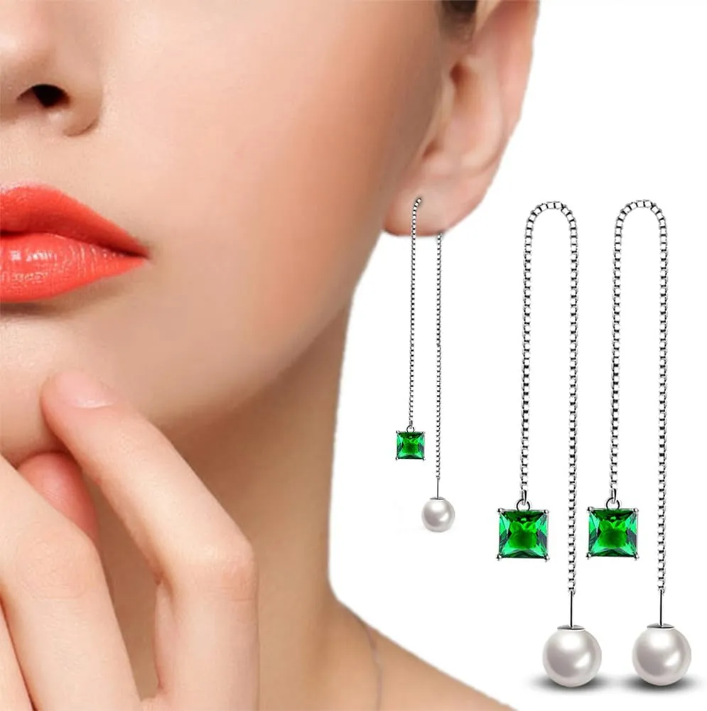 BG&WLing Pearl Sterling Silver Threader Earrings for Women Hypoallergenic White Green Square Rhinestone Crystal Long Tassel Earrings Dangling Fashion Jewelry