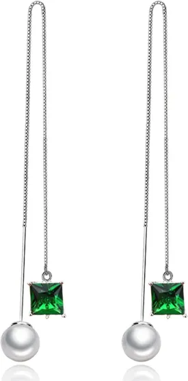 BG&WLing Pearl Sterling Silver Threader Earrings for Women Hypoallergenic White Green Square Rhinestone Crystal Long Tassel Earrings Dangling Fashion Jewelry