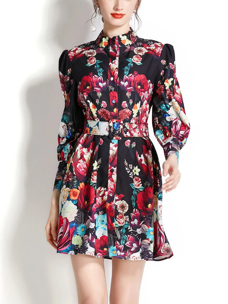 Black Stand Collar Floral Print Long Puff Sleeve Boho Dress Mini Dress