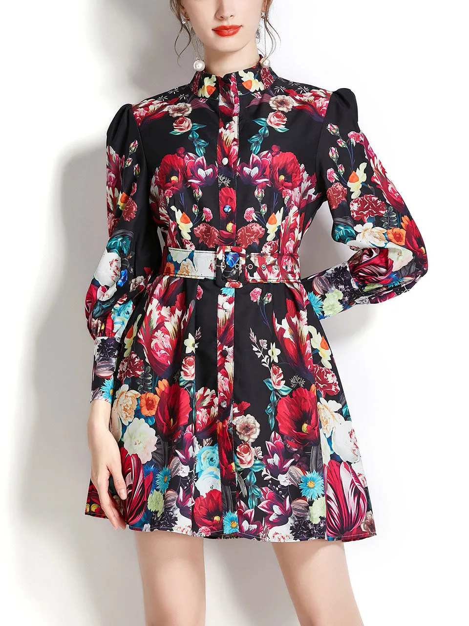 Black Stand Collar Floral Print Long Puff Sleeve Boho Dress Mini Dress