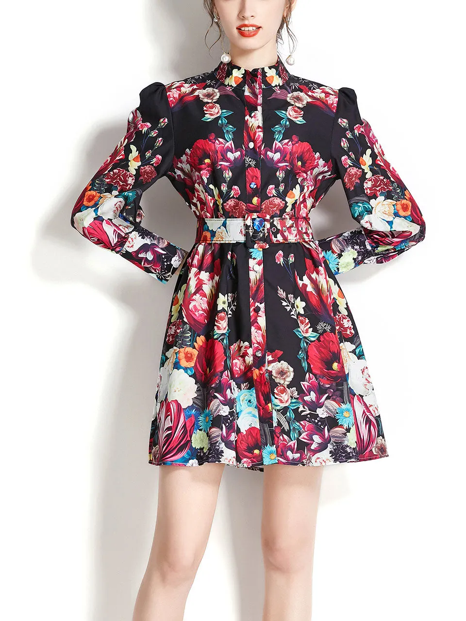 Black Stand Collar Floral Print Long Puff Sleeve Boho Dress Mini Dress